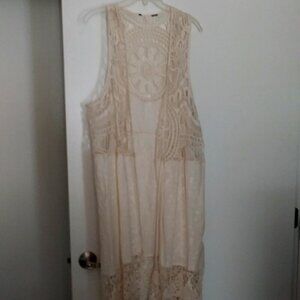 Long Natural Eyelet Vest with Fringe - One Size